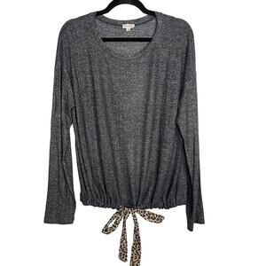 New Hem & Thread Large L Dark Gray Heather Leopard Tie Waist Long Sleeve Top